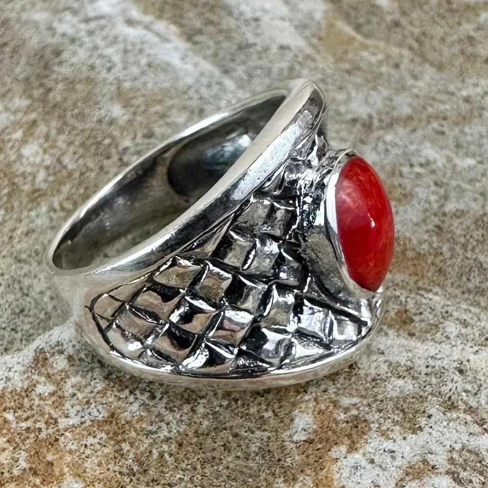 Sterling‎ Silver Red Coral Ring Statement Band Textured Boho Jewelry 925 Sz 6